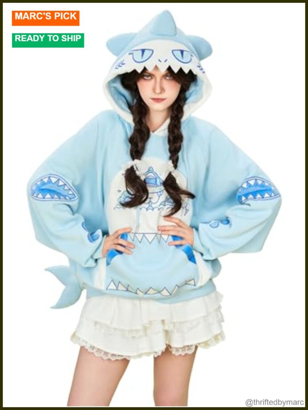 Shark Hoodie Women Bat-Sleeve Sweatshirt with Tail - Novelty Casual Pullover